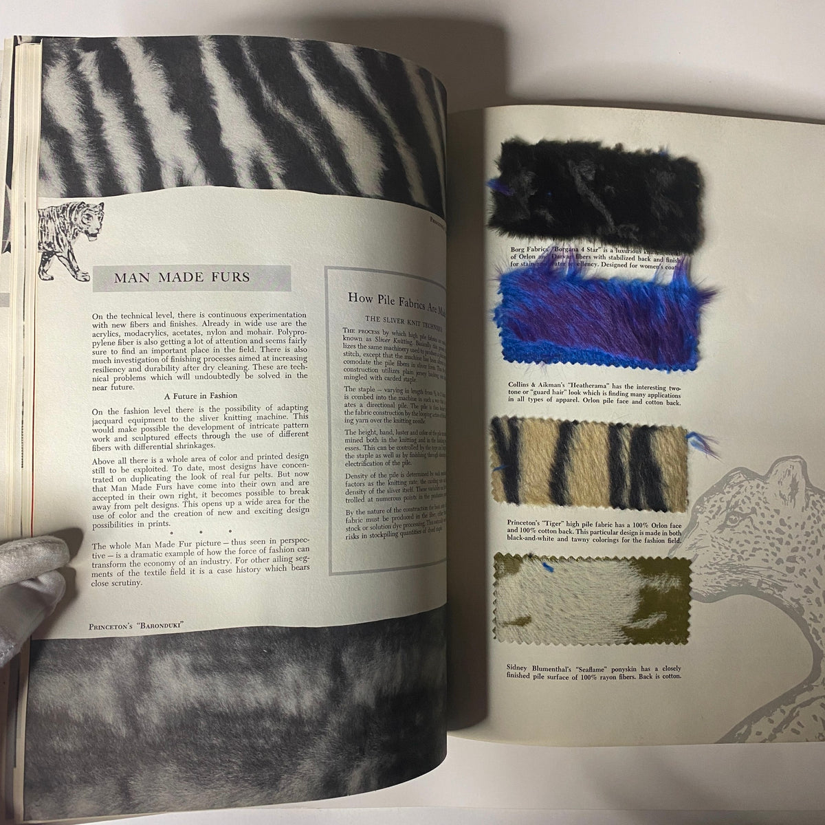 Page from the 1961 American Fabrics No. 53 Summer Catalog showcasing man-made fur fabrics, illustrating various textures and color options for fabric applications in fashion.