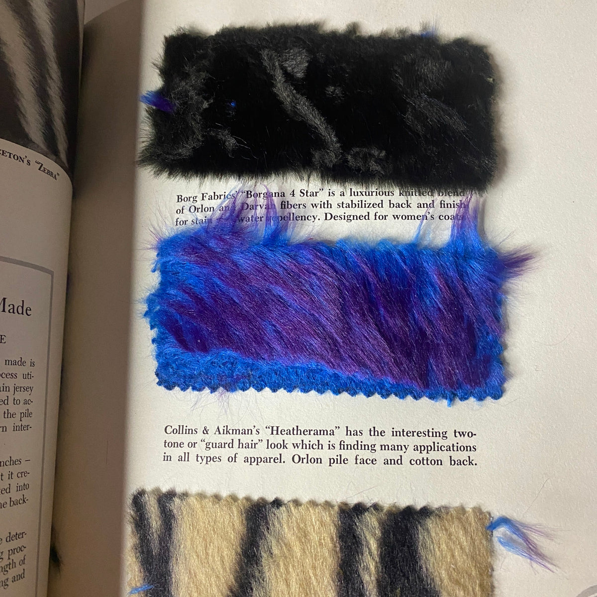 Close-up of fabric swatches from the 1961 American Fabrics No. 53 Summer Catalog, including colorful man-made fur samples demonstrating innovative textile design.
