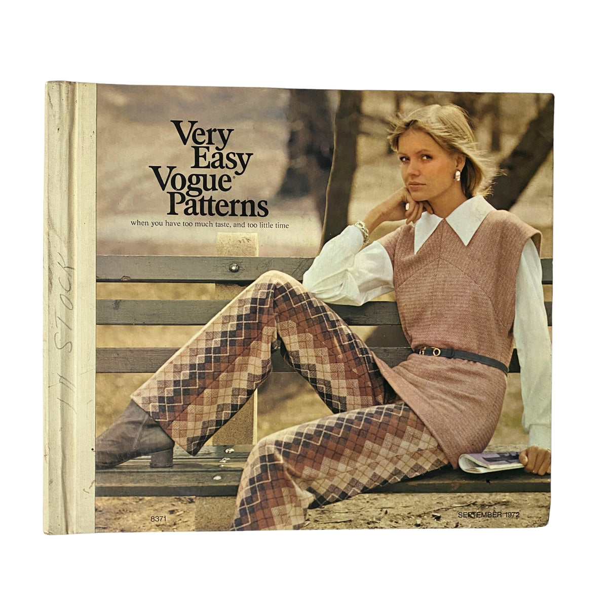 1972 Vogue Patterns September Catalog featuring a model in a stylish outfit seated on a bench, showcasing very easy Vogue patterns with a signature phrase about having taste and limited time.