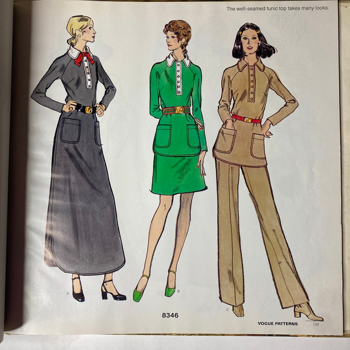 Illustration from the 1972 Vogue Patterns September Catalog displaying three elegant styles featuring a grey dress with pockets, a green button-up dress, and a beige tunic with pants.