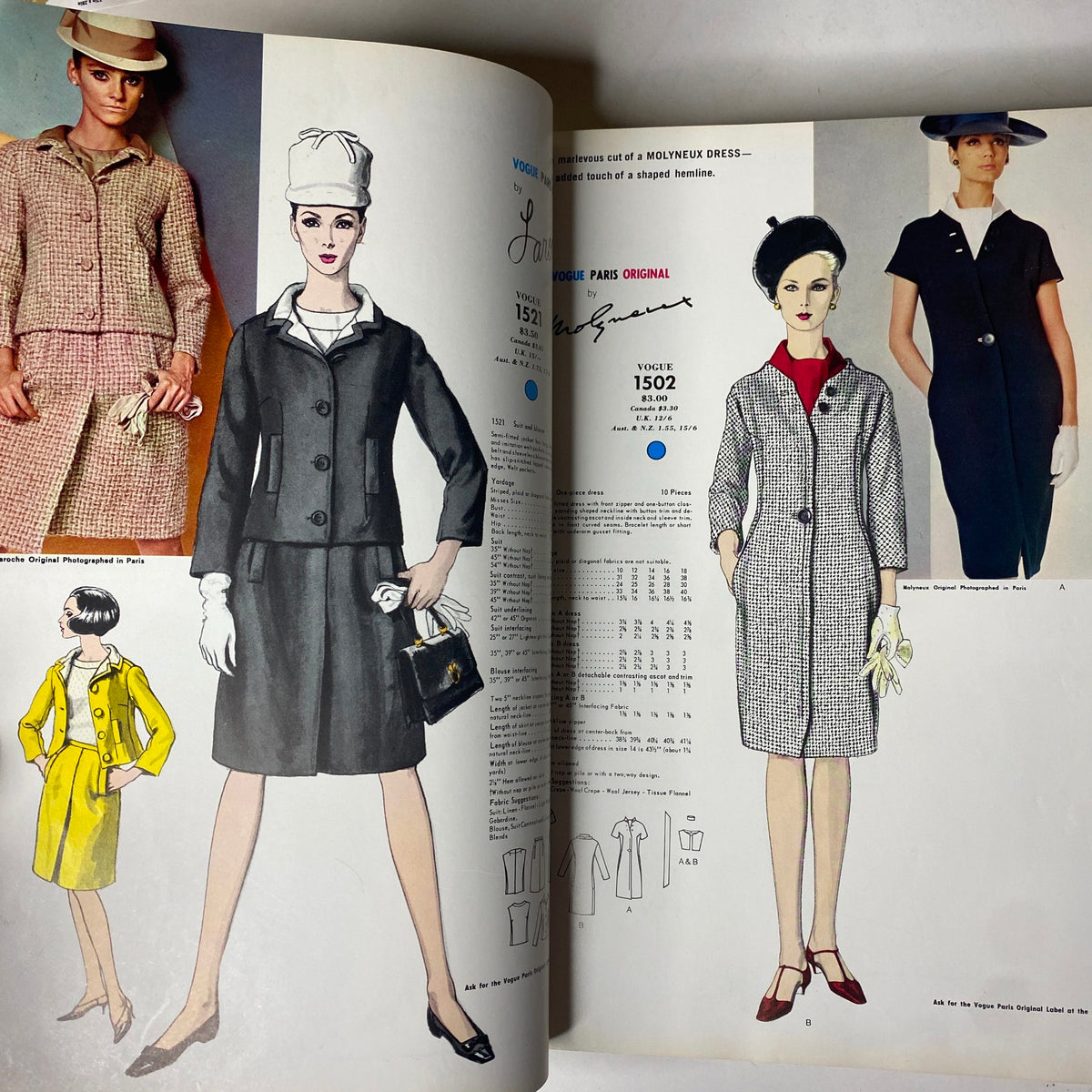 1966 Vogue Patterns April Catalog showcasing stylish outfits including a black coat with gloves and a plaid jacket, embodying mid-60s fashion elegance.