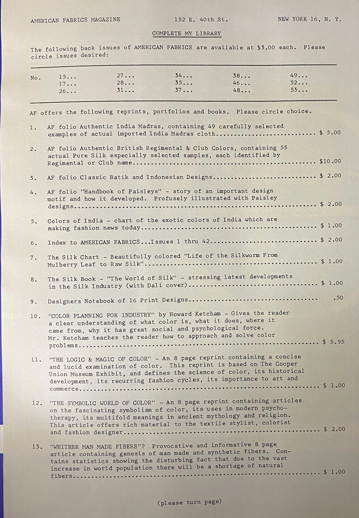 Page from the 1961 American Fabrics No. 54 Fall Catalog listing back issues and reprints available, detailing various fabric samples and prices.