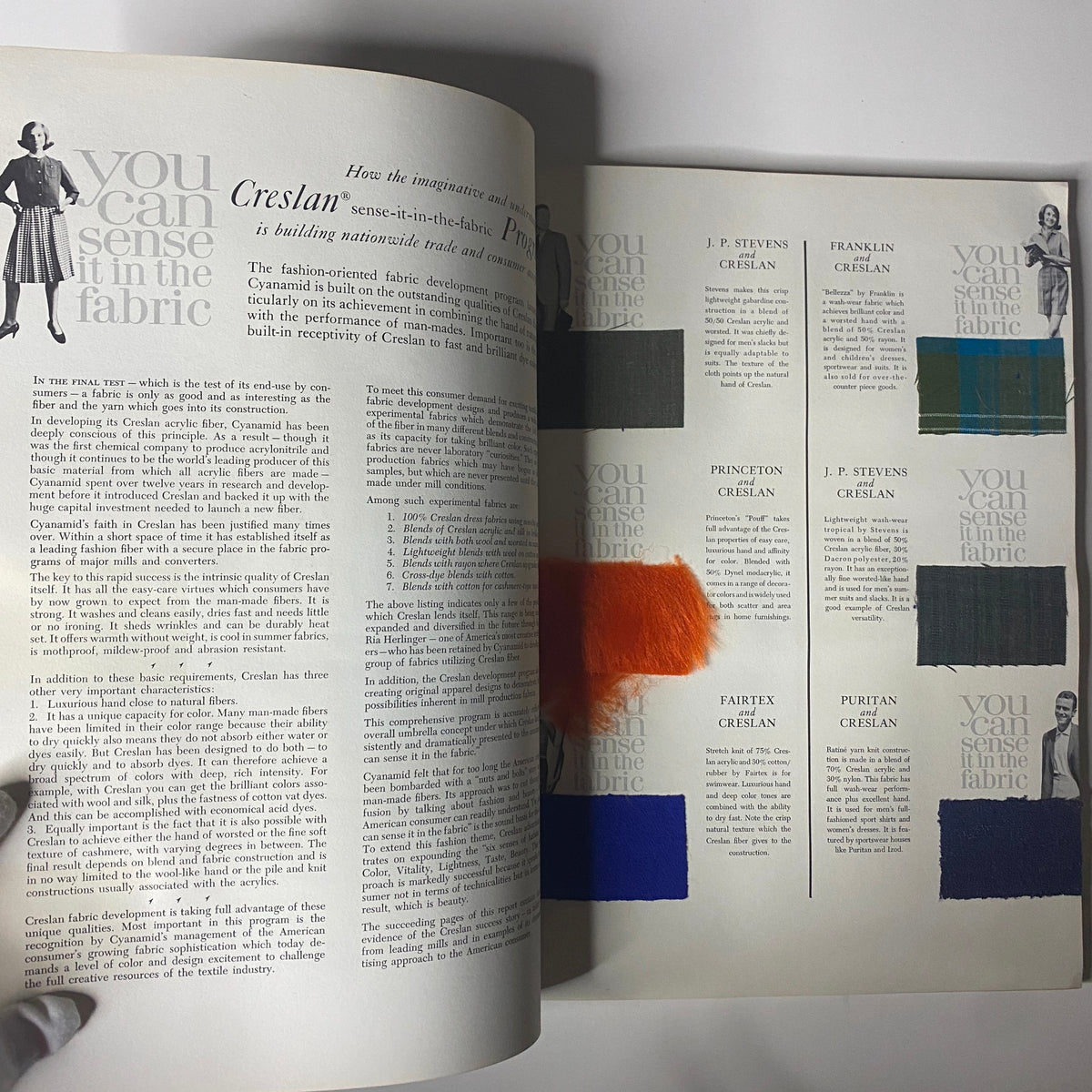 1961 American Fabrics No. 54 Fall Catalog showcasing Creslan textile samples with color swatches and descriptions for J.P. Stevens, Franklin, Princeton, Fairtex, and Puritan fabrics.