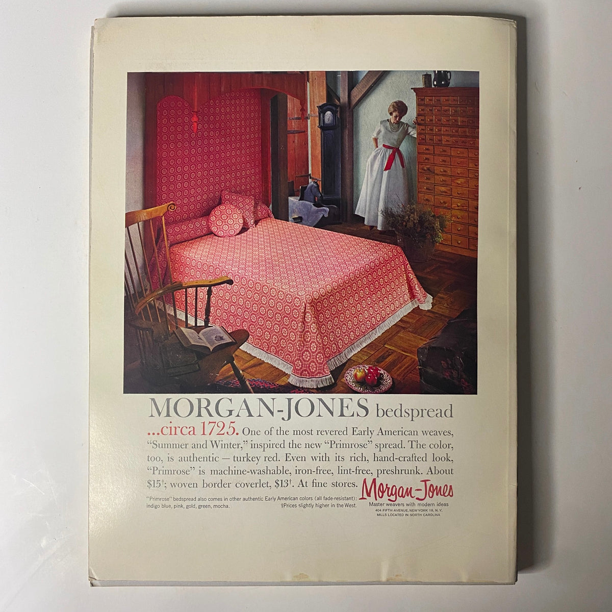 1961 American Fabrics No. 54 Fall Catalog cover featuring a Morgan-Jones bedspread in early American design, highlighting textile patterns and decorative elements.