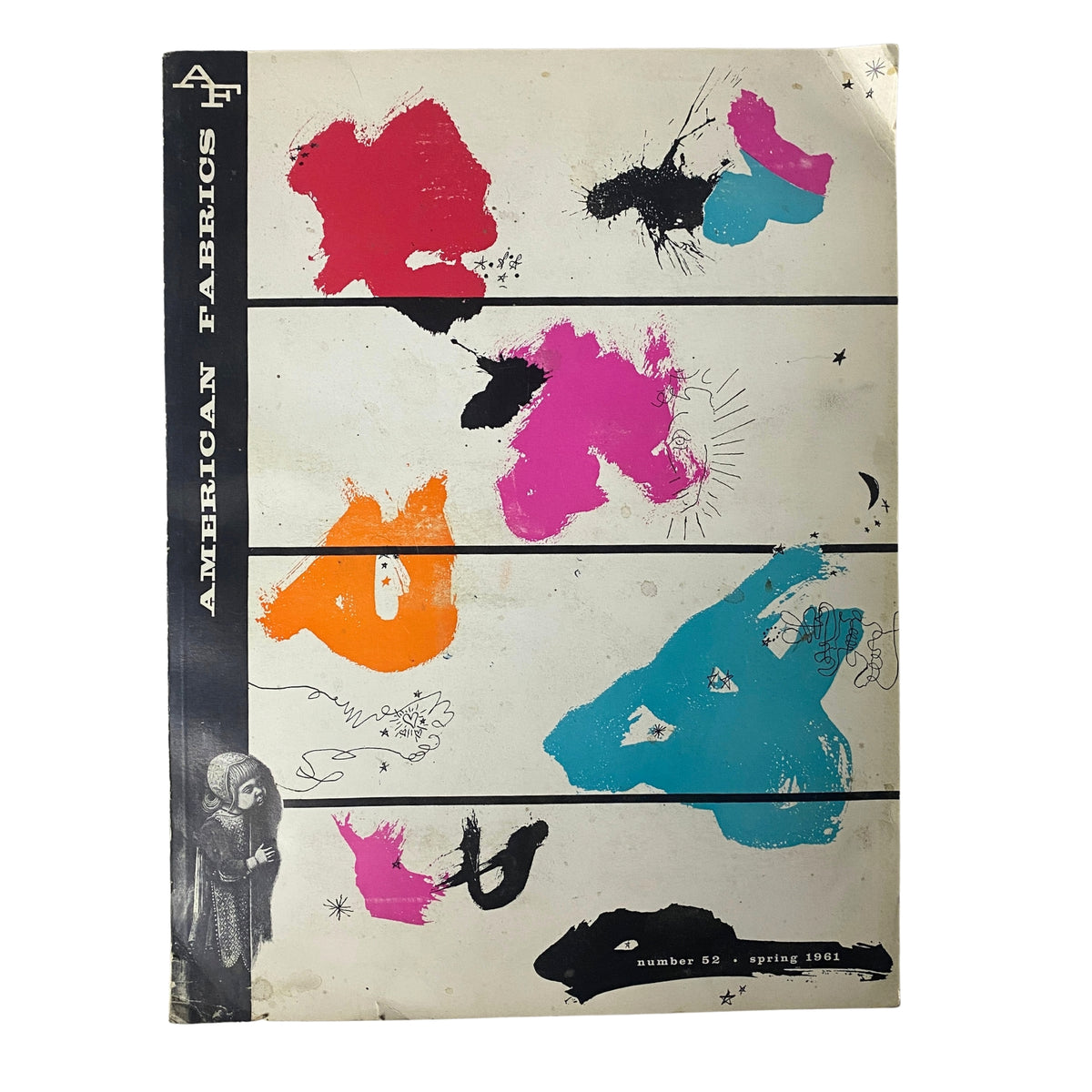 Cover of the 1961 American Fabrics No. 52 Spring Catalog featuring vibrant abstract designs in pink, orange, blue, and black, showcasing textile trends and fashion design.