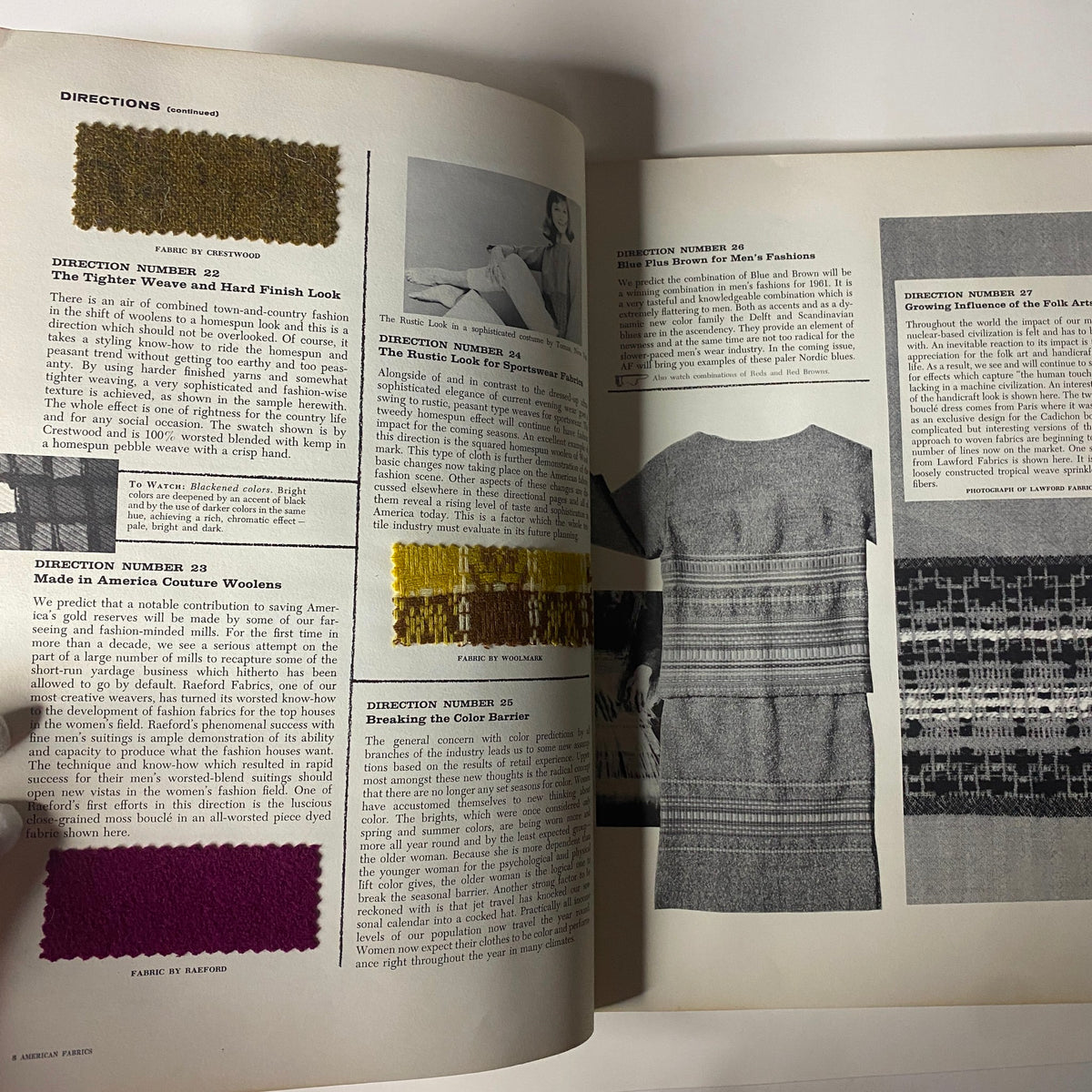 Another internal page of the 1961 American Fabrics No. 52 Spring Catalog with fabric swatches and highlights on style directions for the season.