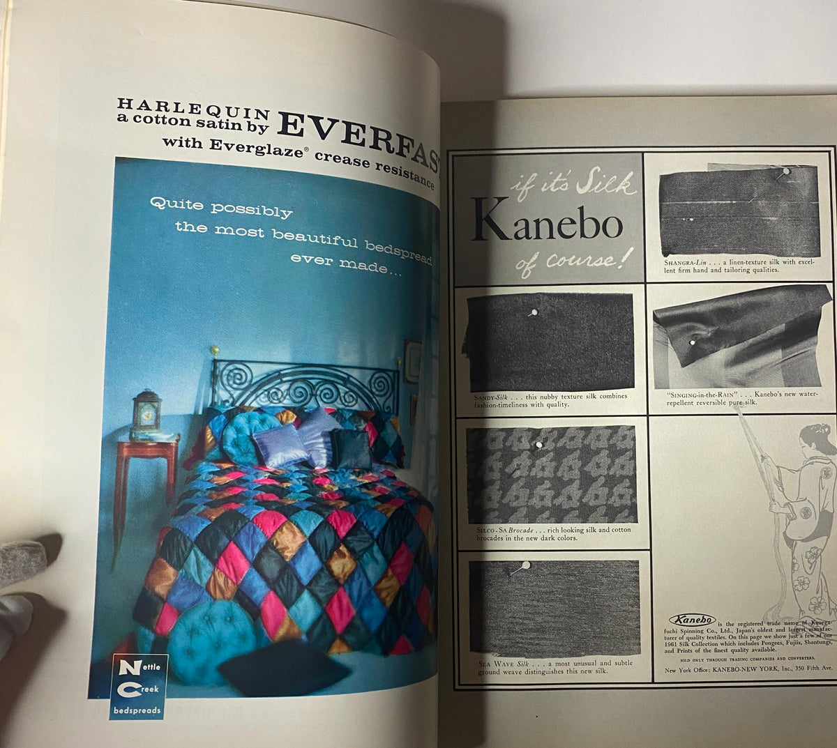 A detailed view of a page inside the 1961 American Fabrics No. 52 Spring Catalog displaying various fabric types for fashion applications.