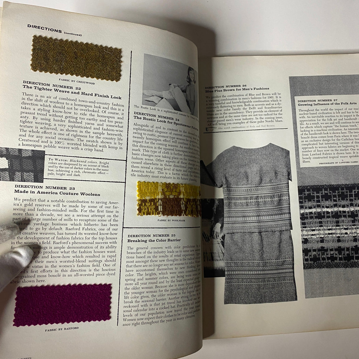Page from the 1961 American Fabrics No. 52 Spring Catalog featuring colorful fabric samples and notes on innovative textile designs.