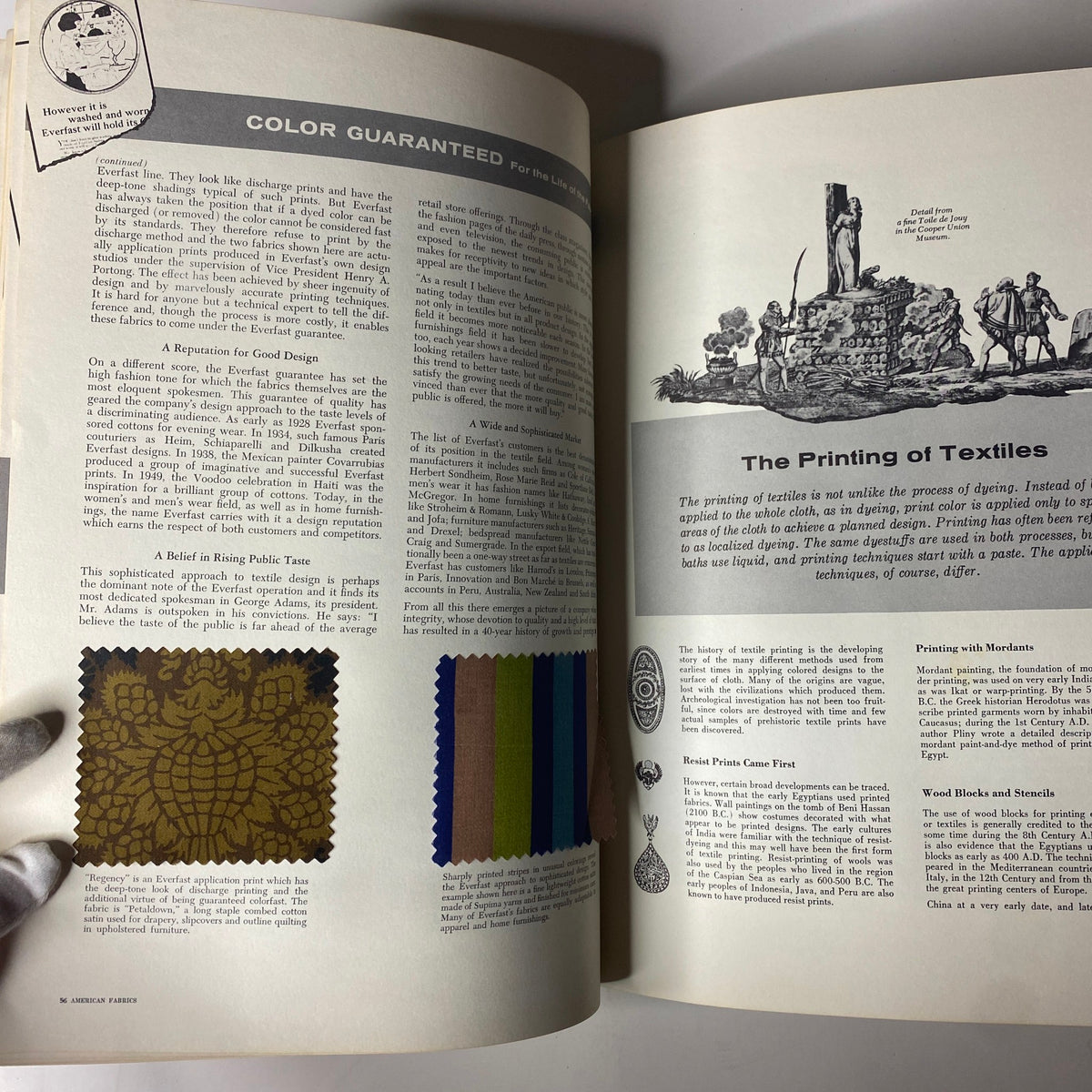 Interior page from the 1961 American Fabrics No. 52 Spring Catalog showcasing textile printing information, including fabric swatches and descriptions of color guarantees for Everfast fabrics.