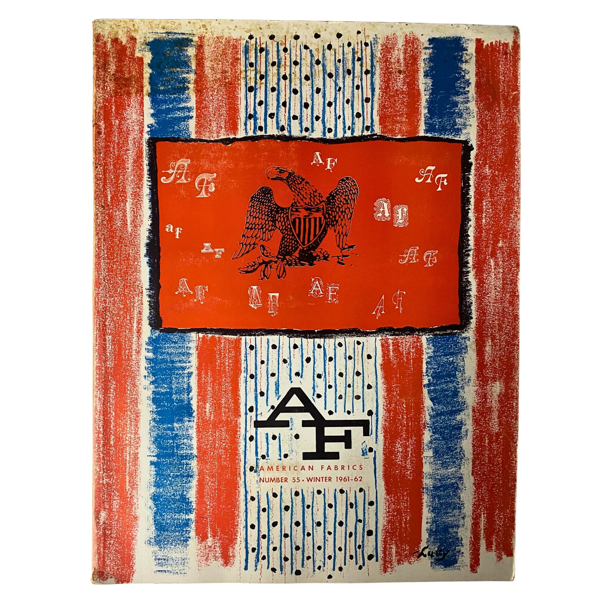 Cover of the 1961-1962 American Fabrics No. 55 Winter Catalog featuring bold red and blue stripes with a prominent eagle emblem and the title 'AMERICAN FABRICS NUMBER 55 - WINTER 1961-62'.