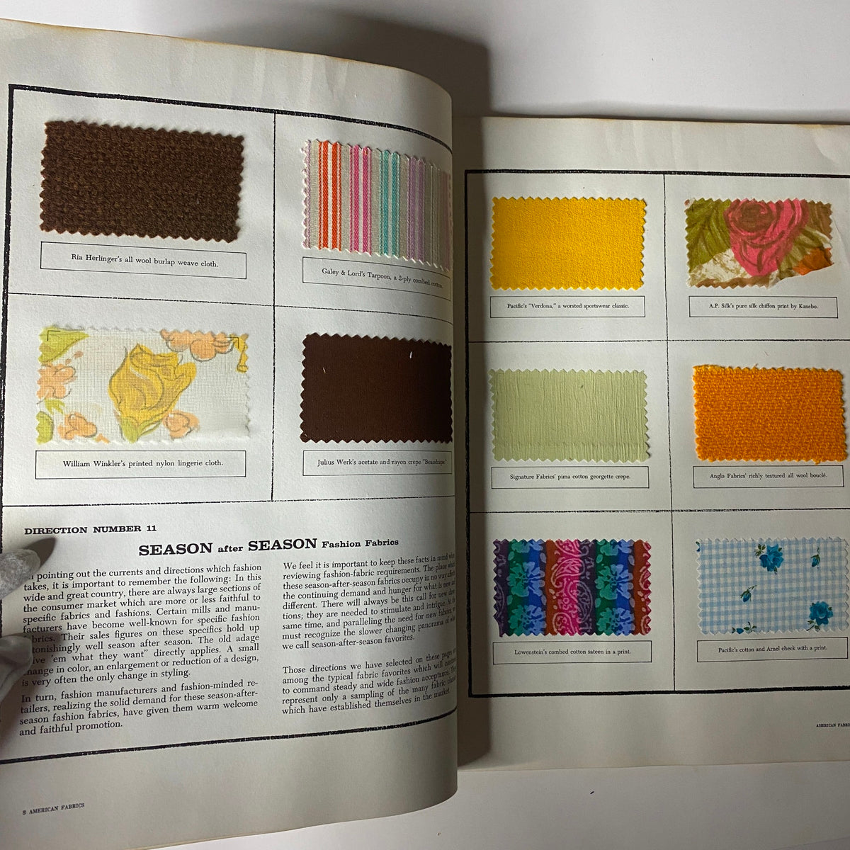 Another interior page of the 1961-1962 American Fabrics No. 55 Winter Catalog showcasing various fabric swatches for the season and important fashion fabric trends.