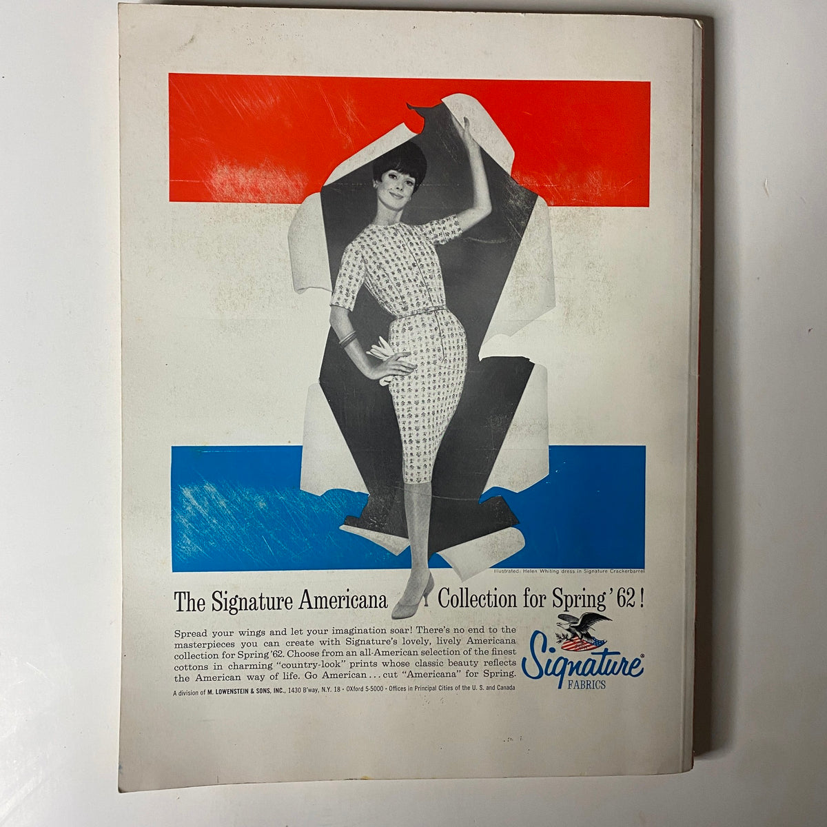 1961-1962 American Fabrics No. 55 Winter Catalog advertisement for the Signature Americana Collection for Spring 1962, illustrating fashion and color.