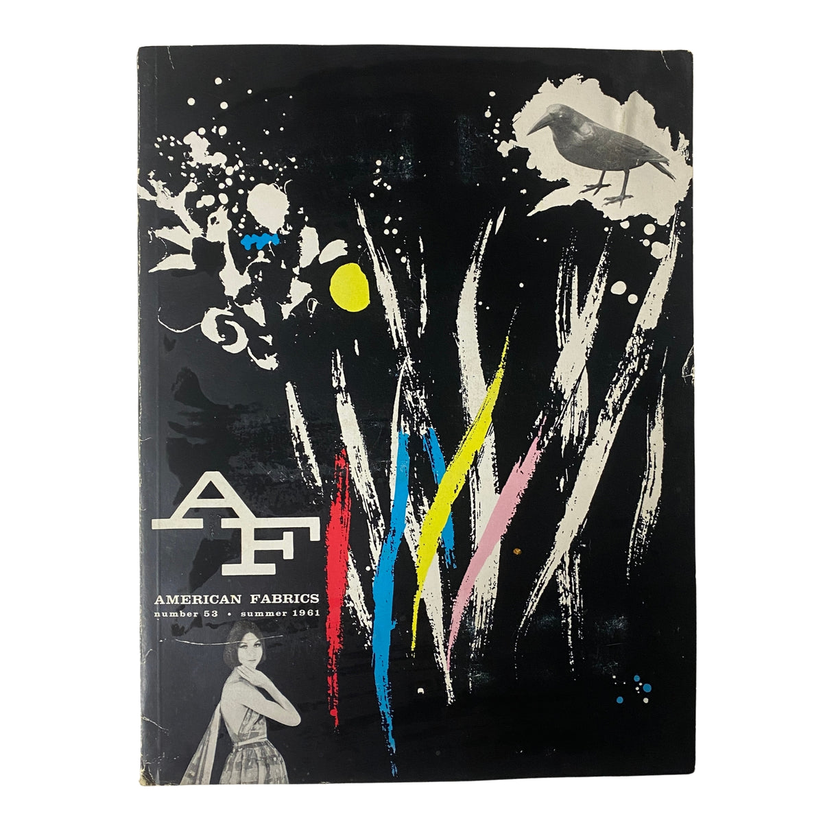 Cover of the 1961 American Fabrics No. 53 Summer Catalog featuring vibrant artistic designs and patterns, showcasing textile samples for fashion design.