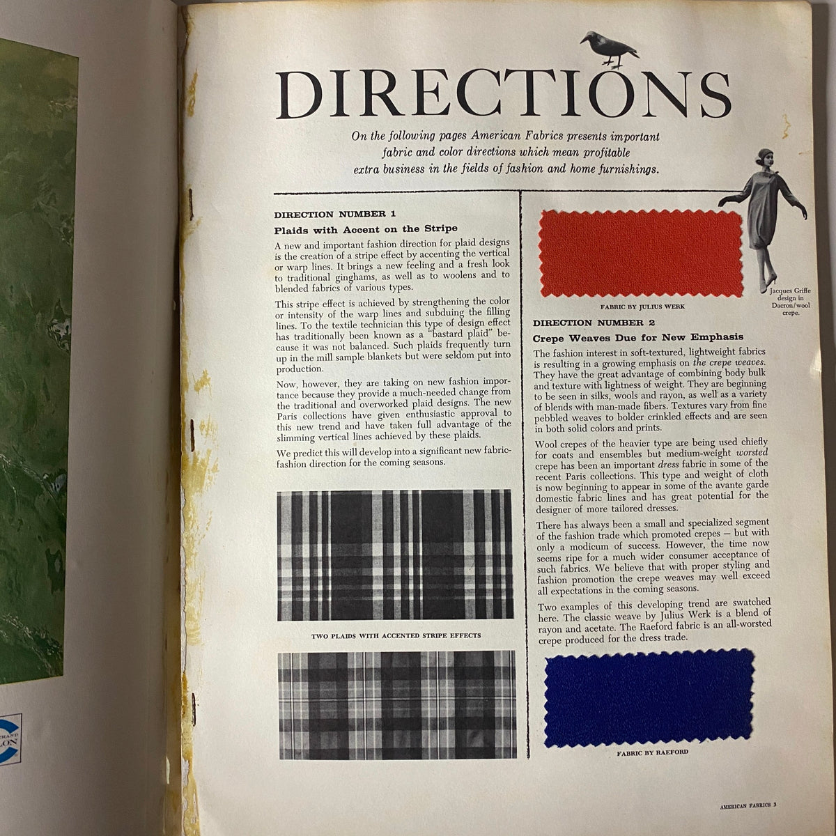 Page from the 1961 American Fabrics No. 53 Summer Catalog showcasing fabric trends with a focus on plaid designs and color directions for fashion and textiles.