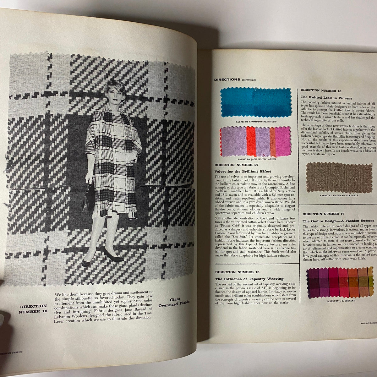 Page from the 1961 American Fabrics No. 53 Summer Catalog featuring fashion direction advice, showcasing models in stylish outfits alongside fabric swatches.