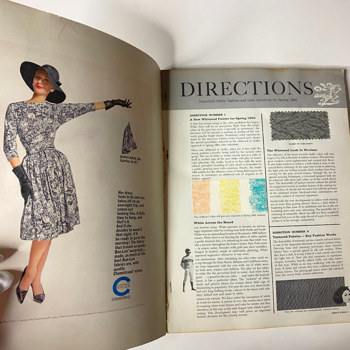 Inside page of the 1962 American Fabrics No. 56 Spring & Summer Catalog displaying a glamorous model in a stylish dress, illustrating important fabric and fashion directions for Spring 1963.