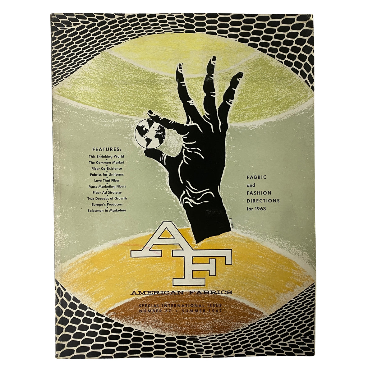 Cover of the 1962 American Fabrics No. 57 Summer Catalog, featuring an artistic design of a hand holding a globe, symbolizing global textile industry connections with text highlighting various features of the catalog.