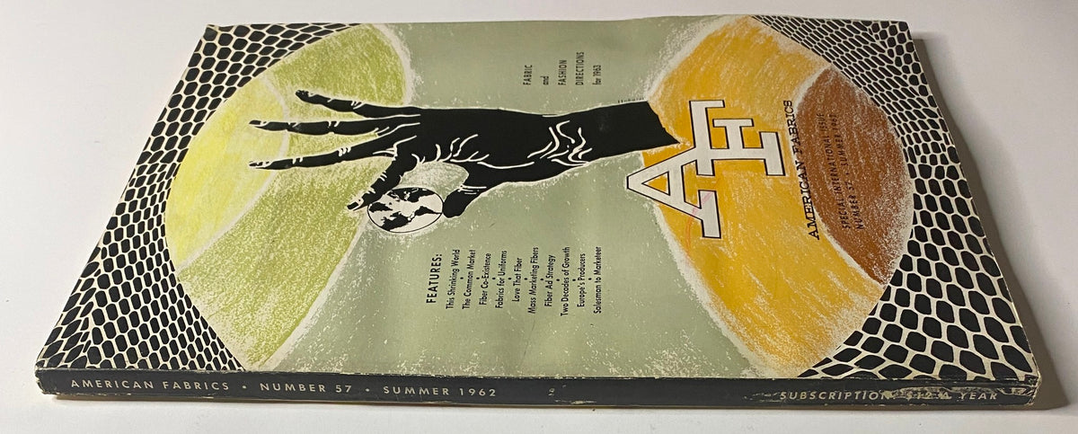 Cover of the 1962 American Fabrics No. 57 Summer Catalog, featuring a hand holding a globe against a vibrant, textured background, emphasizing the theme of global interconnectedness in textiles.