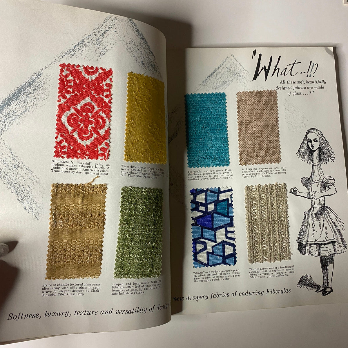 Pages from the 1962 American Fabrics No. 57 Summer Catalog displaying colorful fabric samples such as textured materials and patterned designs, highlighting fabric innovation concepts.