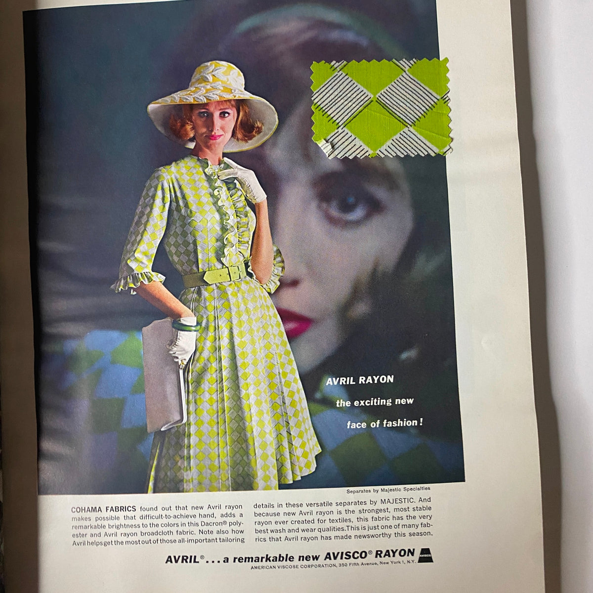 Fashion advertisement page from the 1962 American Fabrics No. 57 Summer Catalog, featuring a model showcasing an Avril rayon outfit with a vibrant fabric swatch, emphasizing 1960s fashion trends.