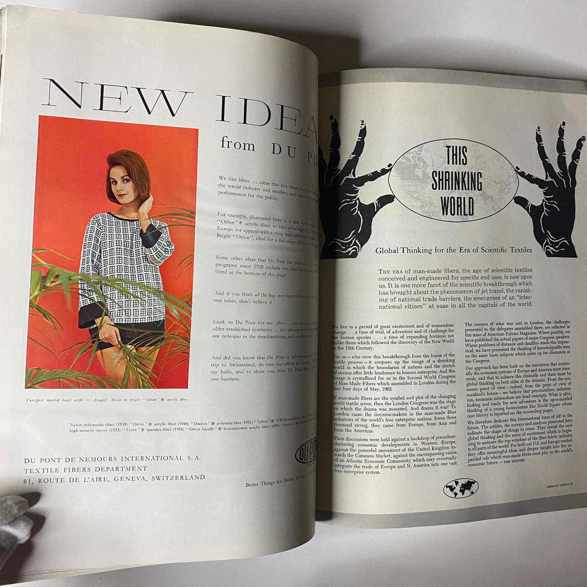 A page from the 1962 American Fabrics No. 57 Summer Catalog showcasing a model dressed in a stylish top from Du Pont, featuring text discussing the global textile industry and innovations in fabric technology.