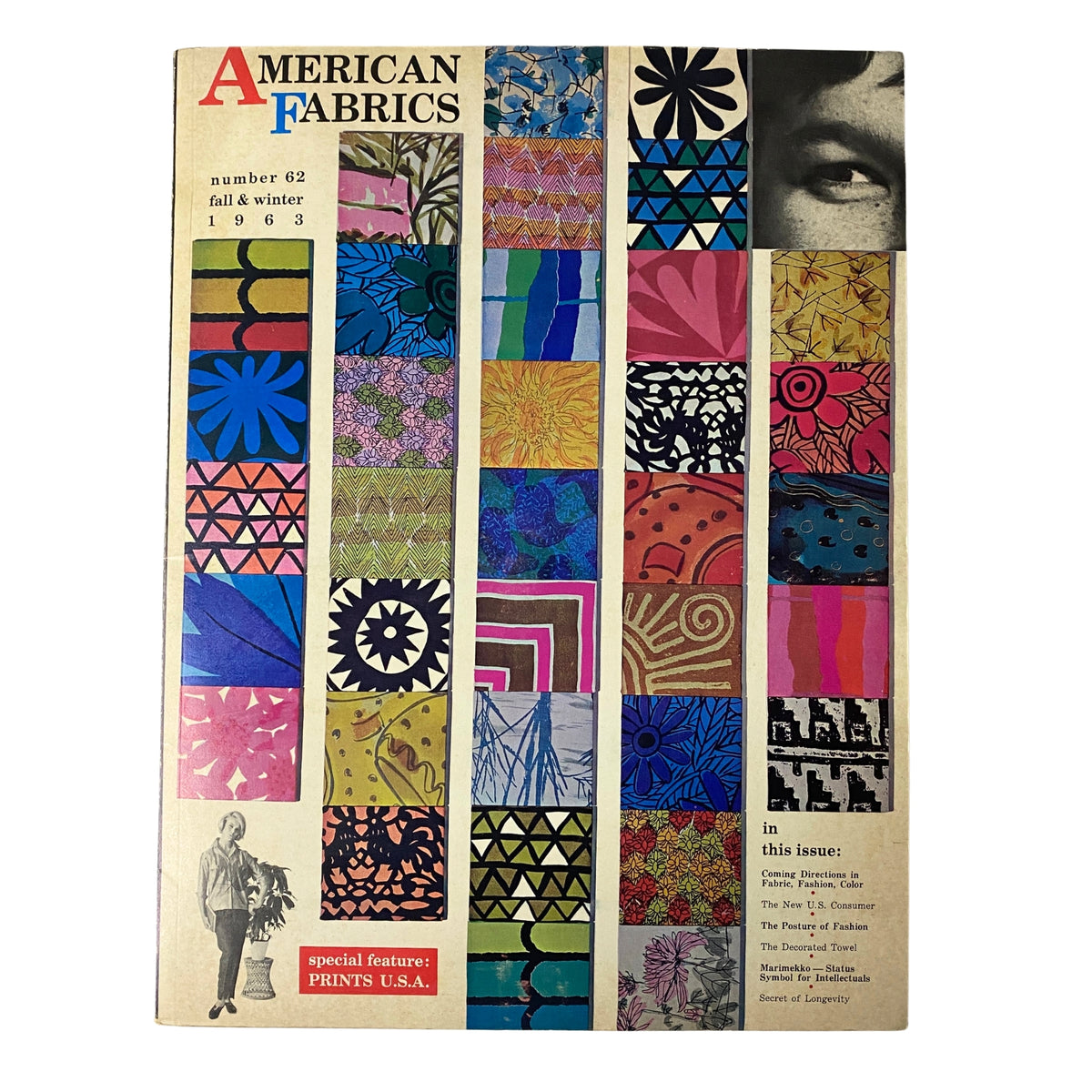 Cover of the 1963 American Fabrics No. 62 Fall and Winter Catalog featuring vibrant textile samples and colors, highlighting designs from the 1960s.