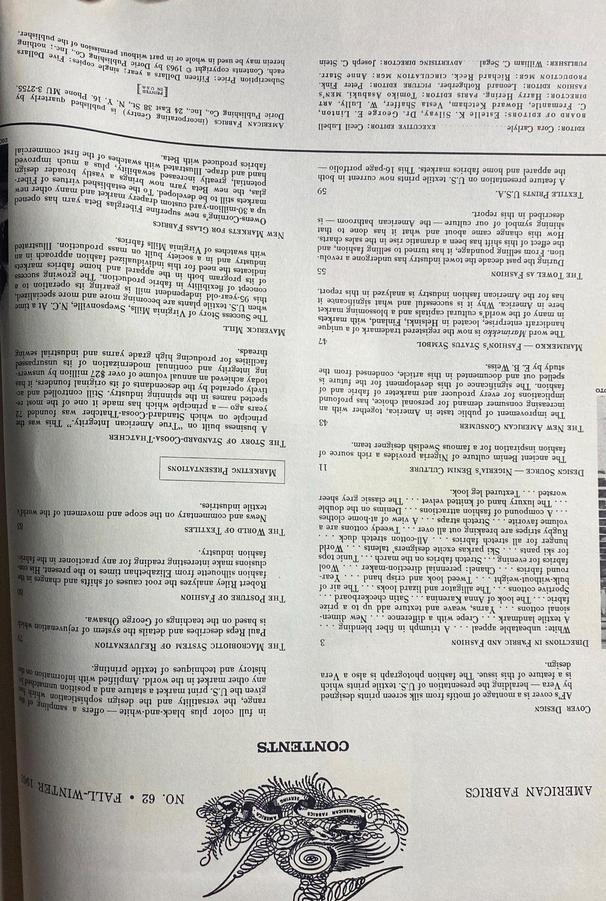 1963 American Fabrics No. 62 Fall and Winter Catalog - A page displaying the contents and marketing presentations, showcasing textile industry insights.