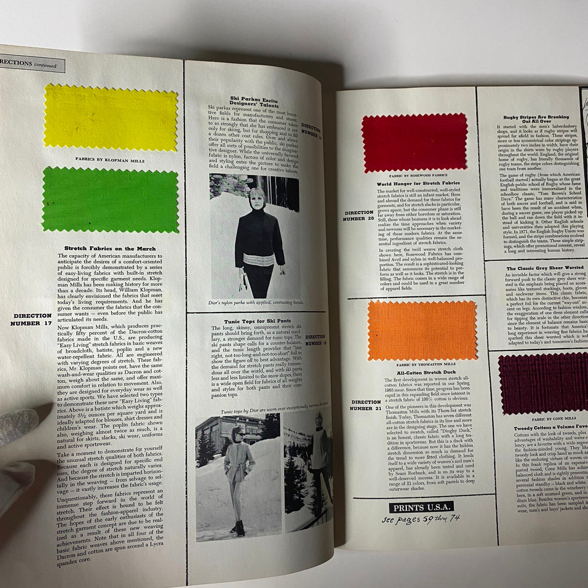1963 American Fabrics No. 62 Fall and Winter Catalog - Fabric sample swatches and photographs illustrating knitwear trends for winter fashion.