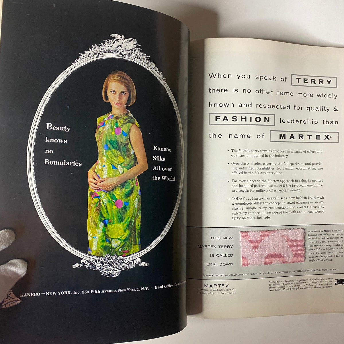 1963 American Fabrics No. 62 Fall and Winter Catalog - An advertisement featuring Kanebo silks, emphasizing quality and fashion leadership in textiles.