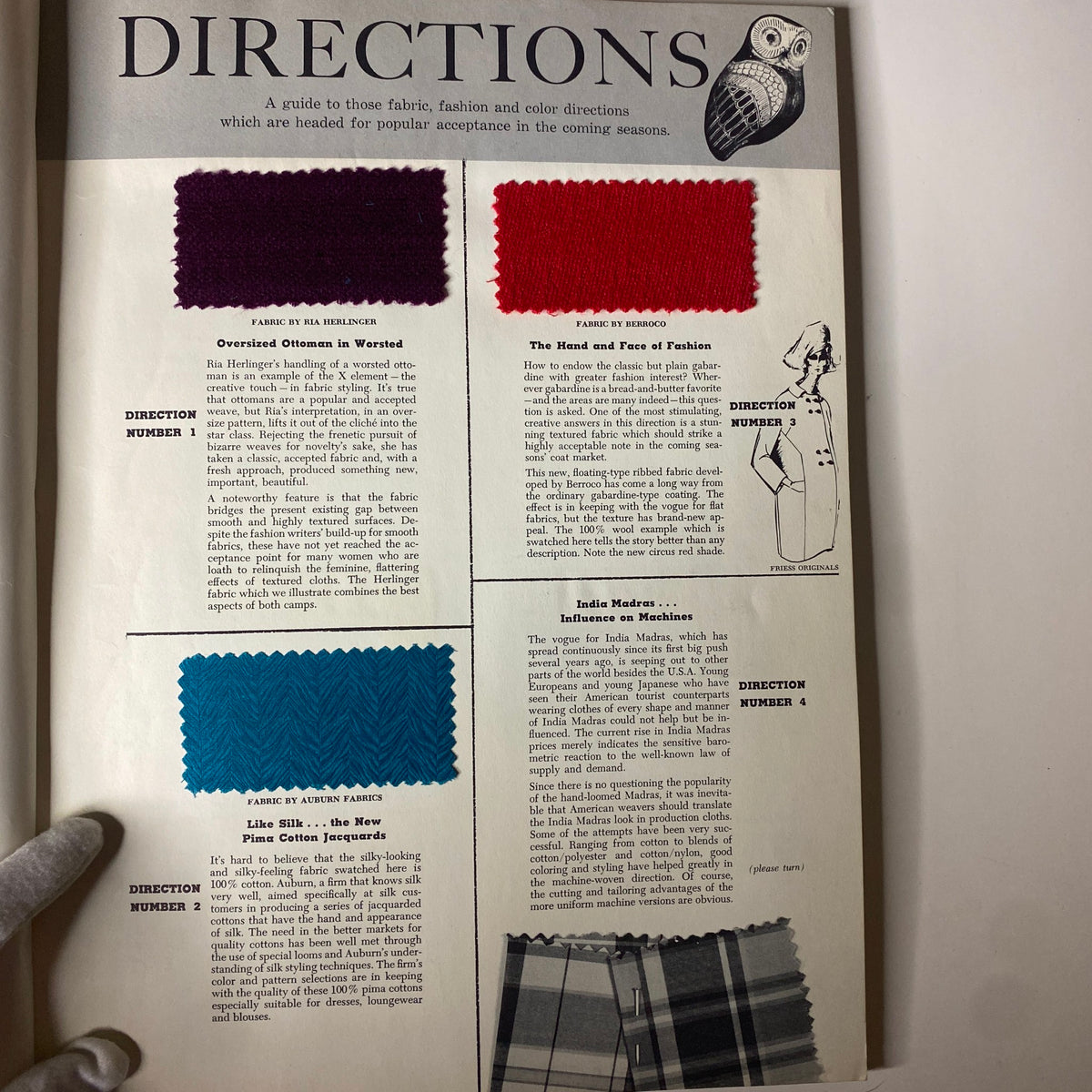 Fabric direction guide from the 1964-1965 American Fabrics No. 66 Winter Catalog detailing fabric types and fashion trends.
