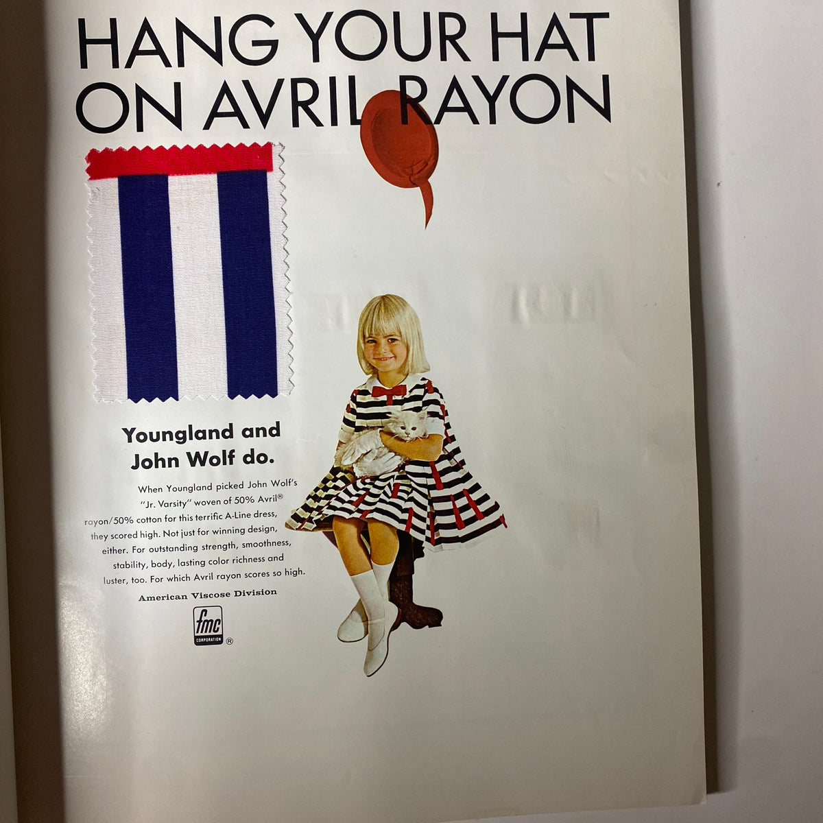 Advertisement featuring a girl with a pet, promoting Avril Rayon fabric in the 1964-1965 American Fabrics No. 66 Winter Catalog.