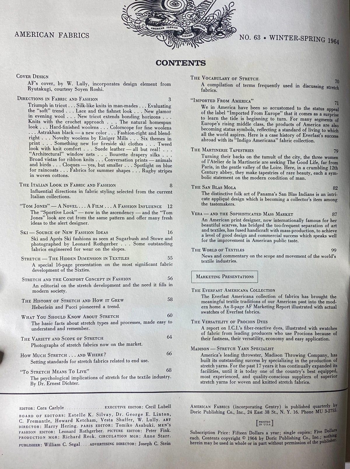 Contents page of the 1964 American Fabrics No. 63 Winter & Spring Catalog detailing various sections such as cover design, directions in fabric, and marketing presentations relevant to the textile and fashion industries.