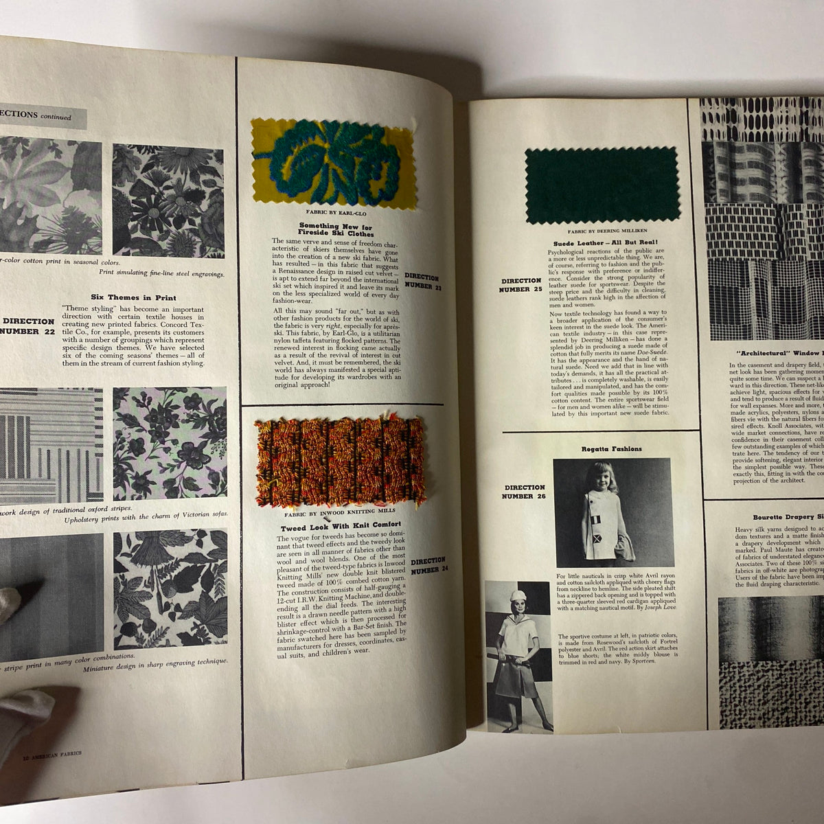 Page from the 1964 American Fabrics No. 63 Winter & Spring Catalog displaying textile samples and descriptions, featuring vibrant fabric patterns and trends like 'Fabrics for Summer Shapes'.
