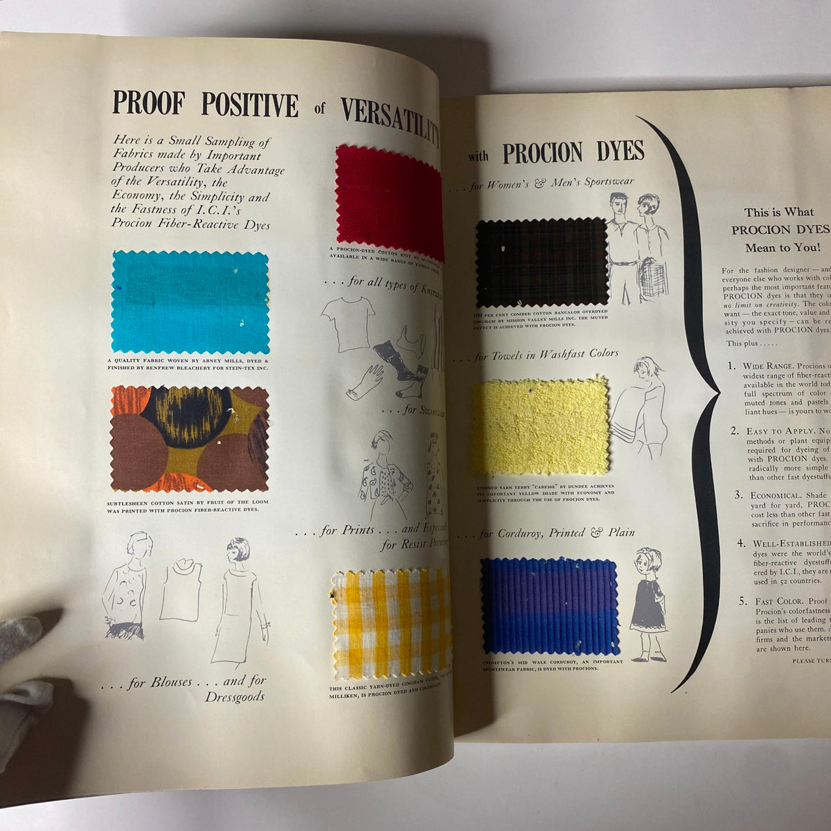Showcase of fabric versatility in the 1964 American Fabrics No. 63 Winter & Spring Catalog, highlighting Procion Dyes with colorful fabric swatches and fashion illustrations.