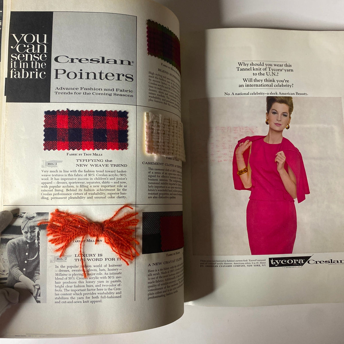 Fashion and fabric trend insights in the 1964 American Fabrics No. 63 Winter & Spring Catalog, featuring fabric samples and a model dressed in stylish clothing, showcasing the blend of fashion and textile innovation.