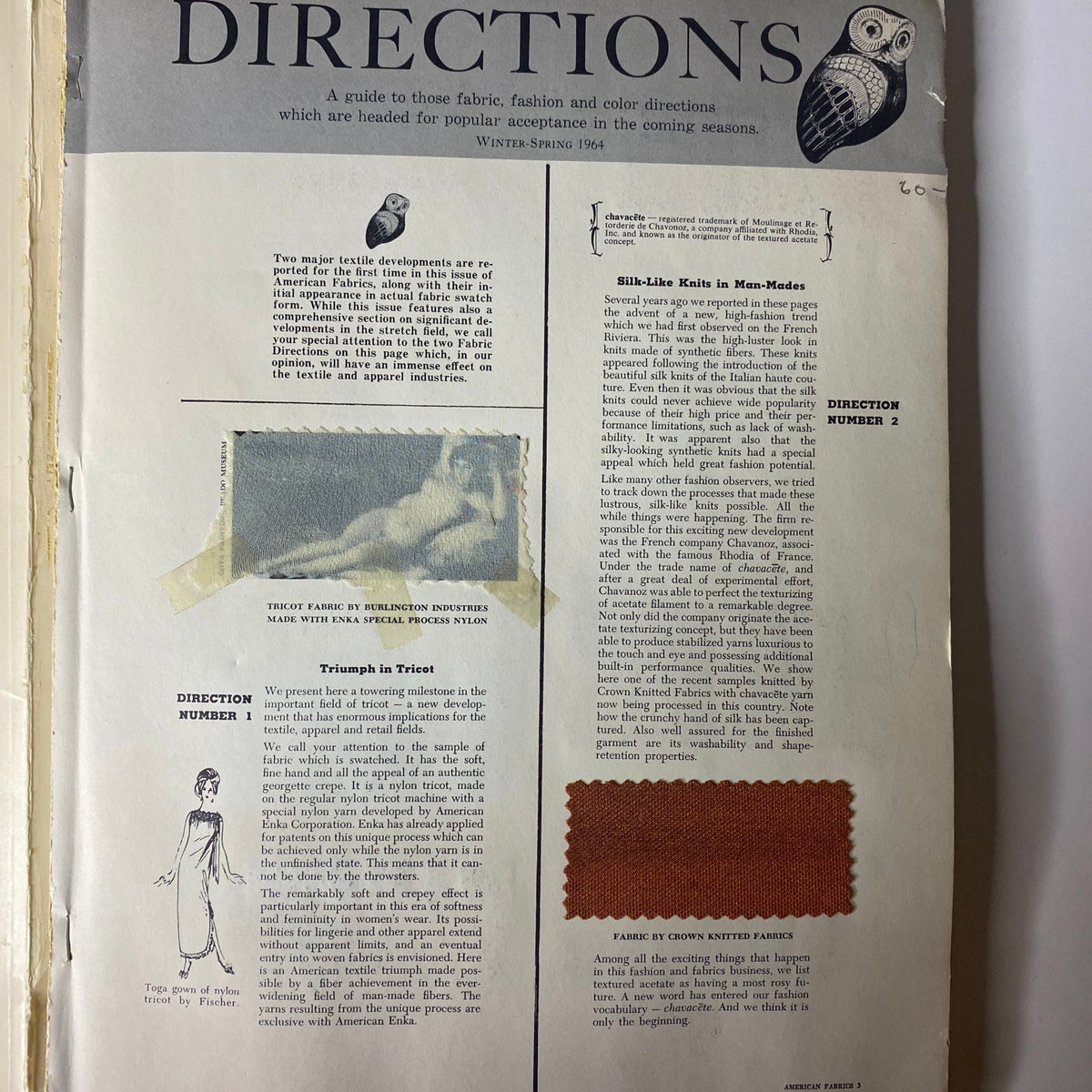 1964 American Fabrics No. 63 Winter & Spring Catalog page depicting fabric directions including a textile sample. The page features a guide to fabric, fashion, and color directions heading towards popularity.