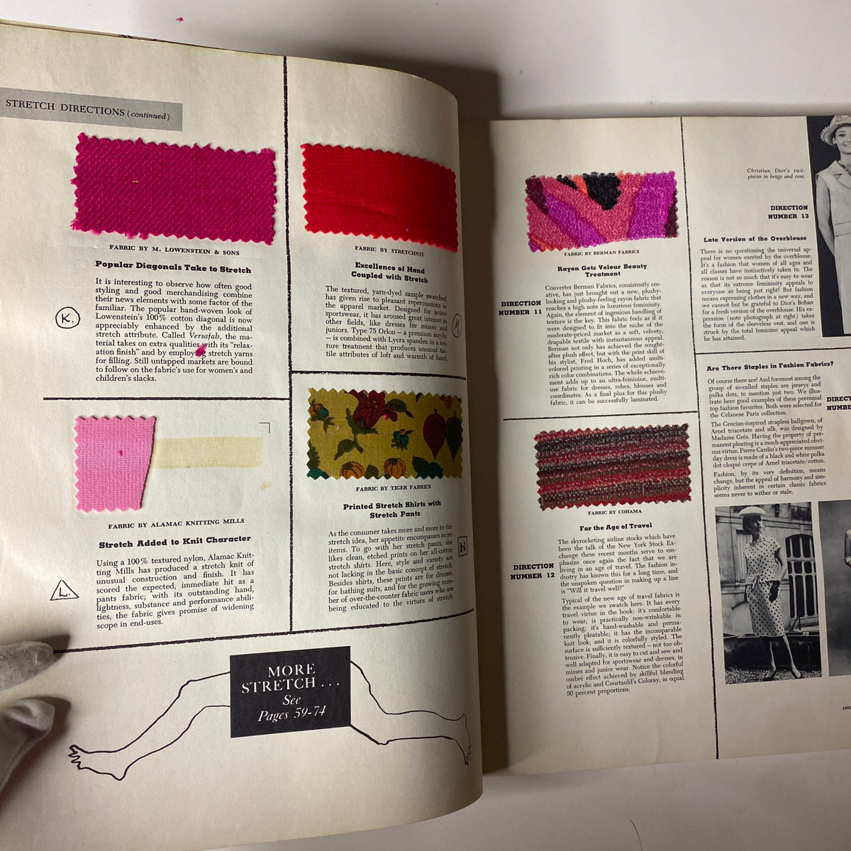 Page displaying textile samples and stretch fabric descriptions from the 1964 American Fabrics No. 64 Summer Catalog, showcasing innovation in design and material.