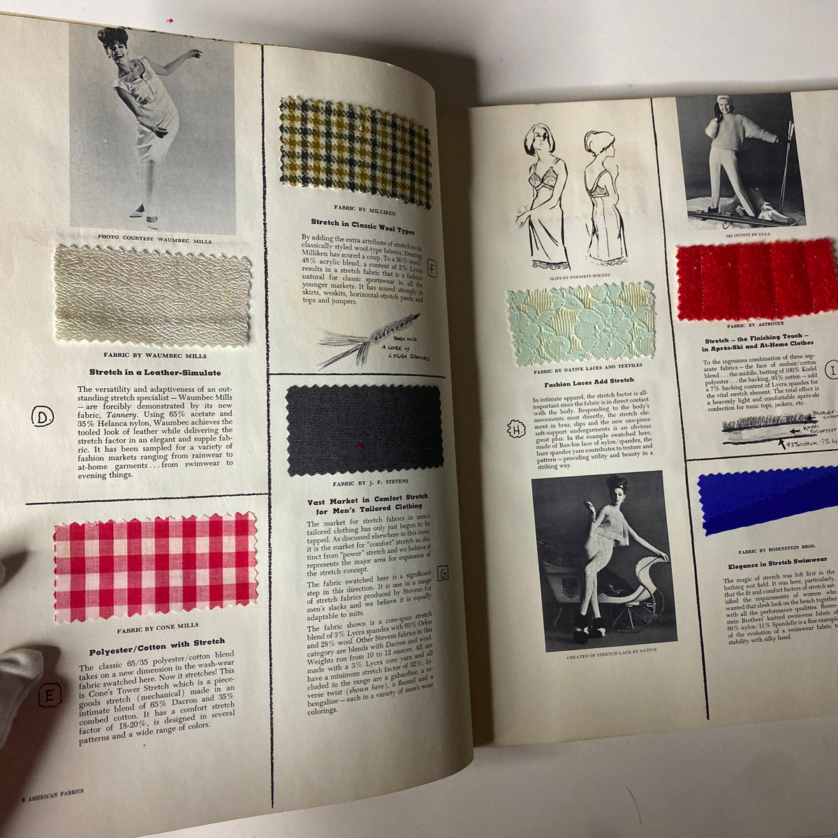Image of textile samples and fashion illustrations highlighting stretch directions in fabrics from the 1964 American Fabrics No. 64 Summer Catalog.