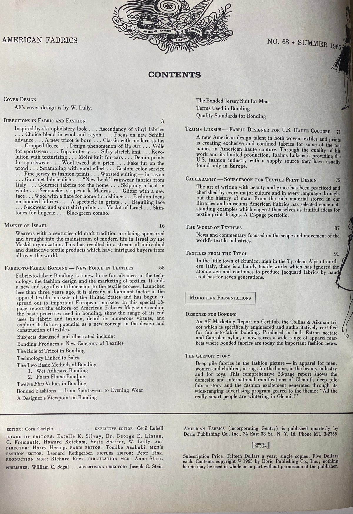 Table of contents page from the 1965 American Fabrics No. 68 Summer Catalog, outlining key features including fashion directions and textile innovations.