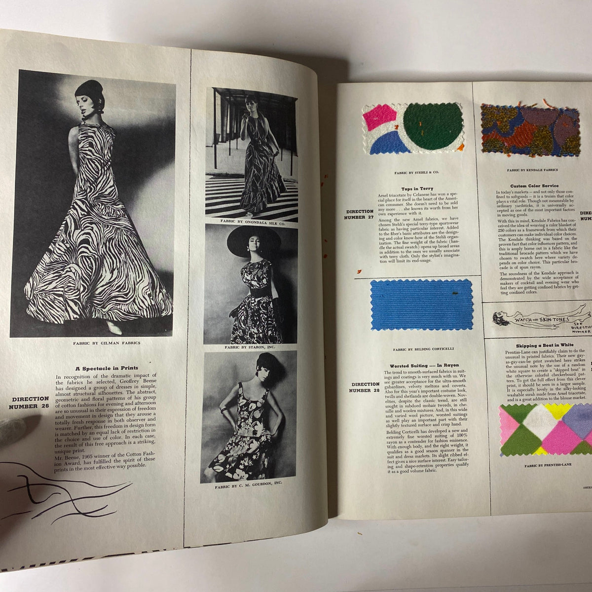 1965 American Fabrics No. 68 Summer Catalog featuring elegant fashion photography, including a model in a stylish dress, showcasing various fabric designs and patterns.