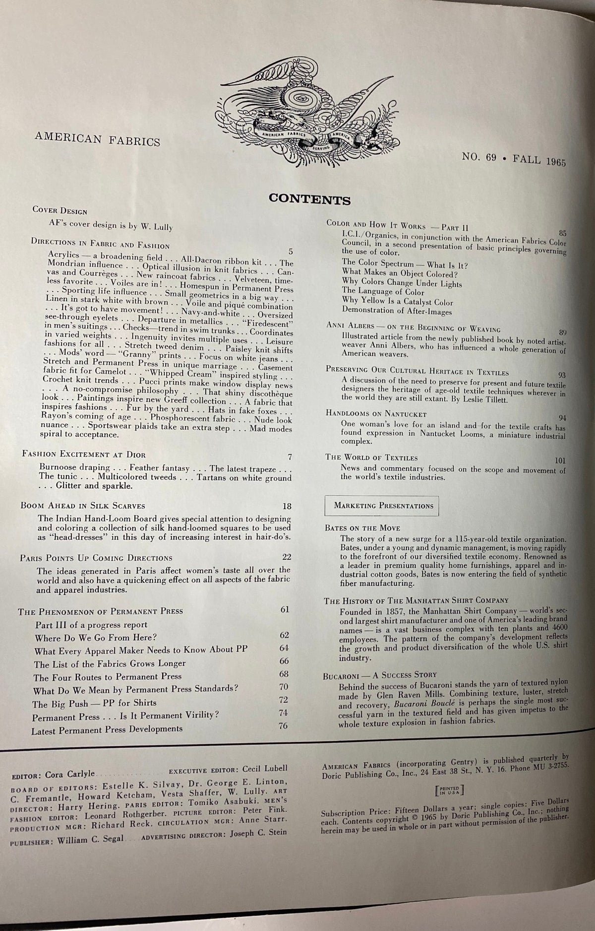 Table of contents from the 1965 American Fabrics No. 69 Fall Catalog, detailing featured sections on fashion and fabric trends.