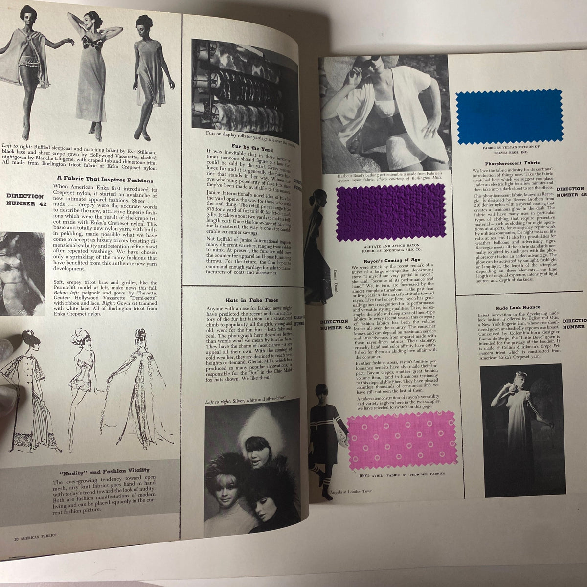 Page from the 1965 American Fabrics No. 69 Fall Catalog showcasing fabric samples and fashion insights, emphasizing contemporary textile trends.