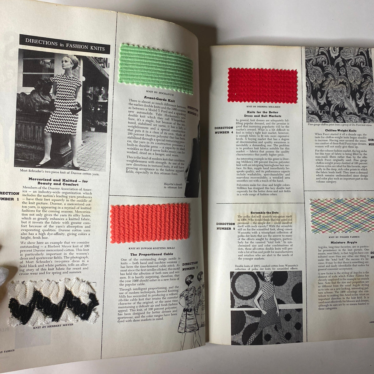 Spread from the 1965-1966 American Fabrics No. 70 Winter Catalog featuring various knit fabric samples and fashion illustrations.