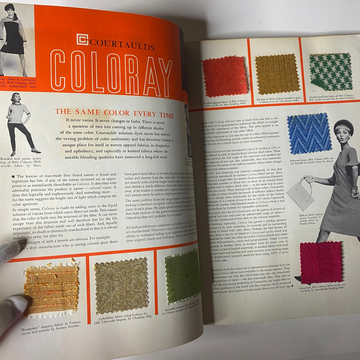 1966 American Fabrics No. 73 Fall-Winter Catalog showcasing COURTAULDS COLORAY color consistency solutions, with fabric samples and a fashion model illustration.