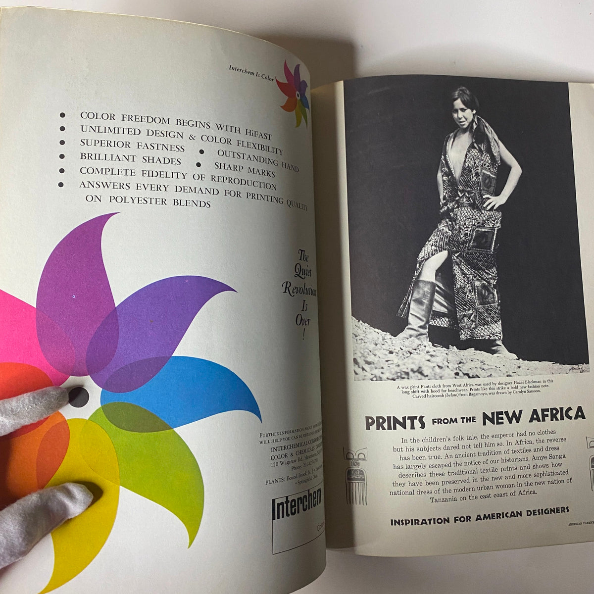 1966 American Fabrics No. 73 Fall-Winter Catalog featuring an advertisement for Interchem color printing solutions, highlighting vibrant color options in fabric designs.