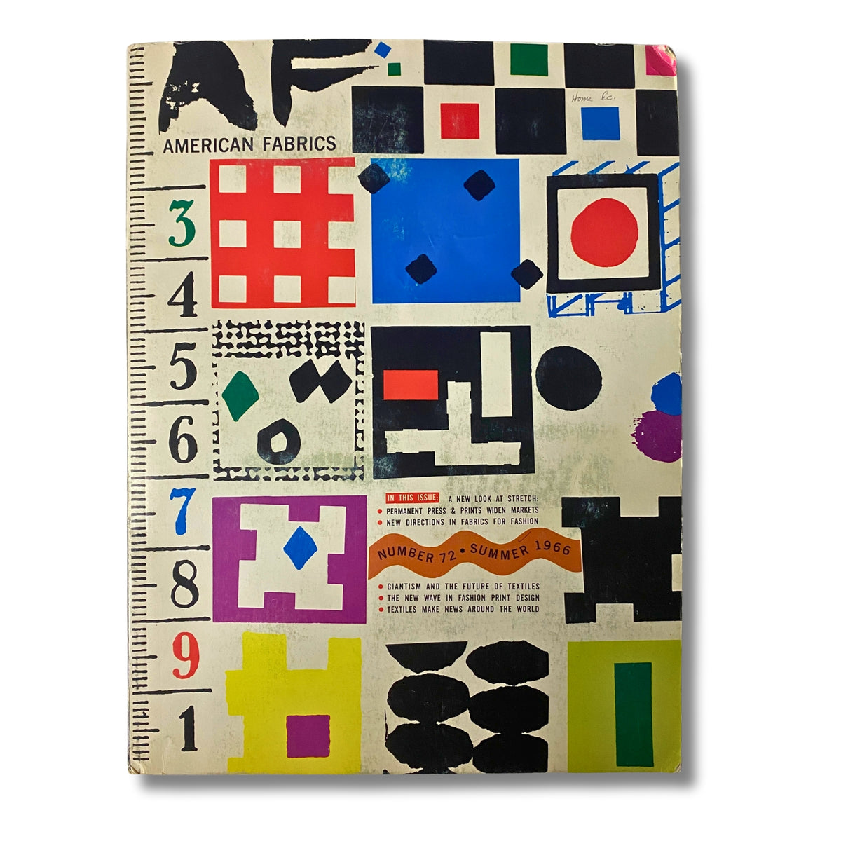 1966 American Fabrics No. 66 Summer Catalog cover featuring a colorful geometric design with text highlighting the summer edition and topics such as stretch fabrics and new fashion directions.