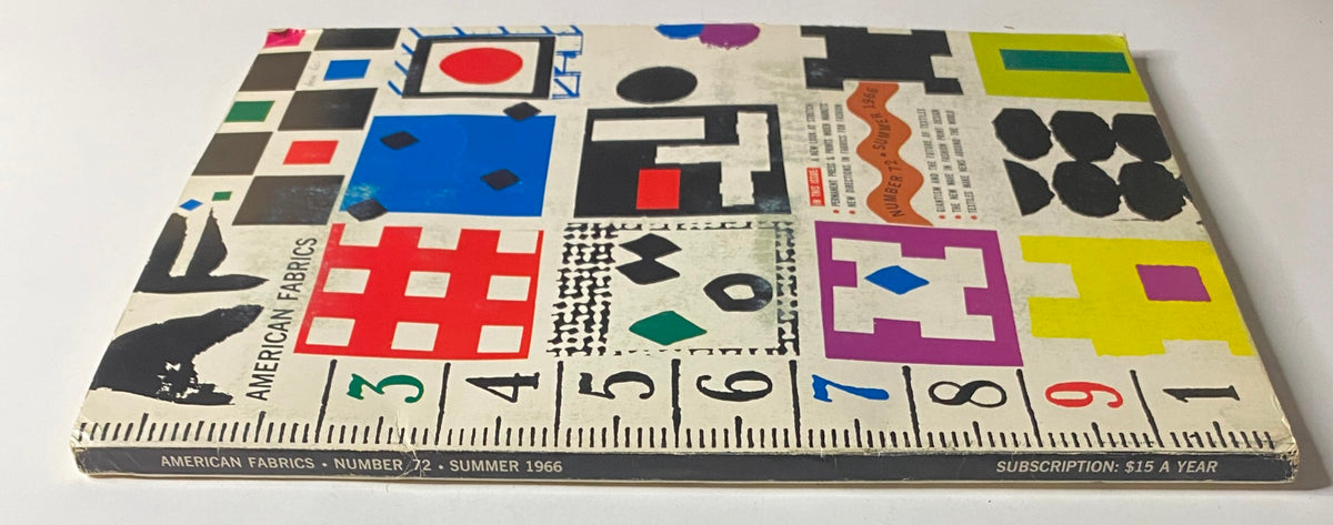 Back cover of the 1966 American Fabrics No. 66 Summer Catalog showcasing bold geometric patterns and subscription details, emphasizing the innovative textiles of the era.