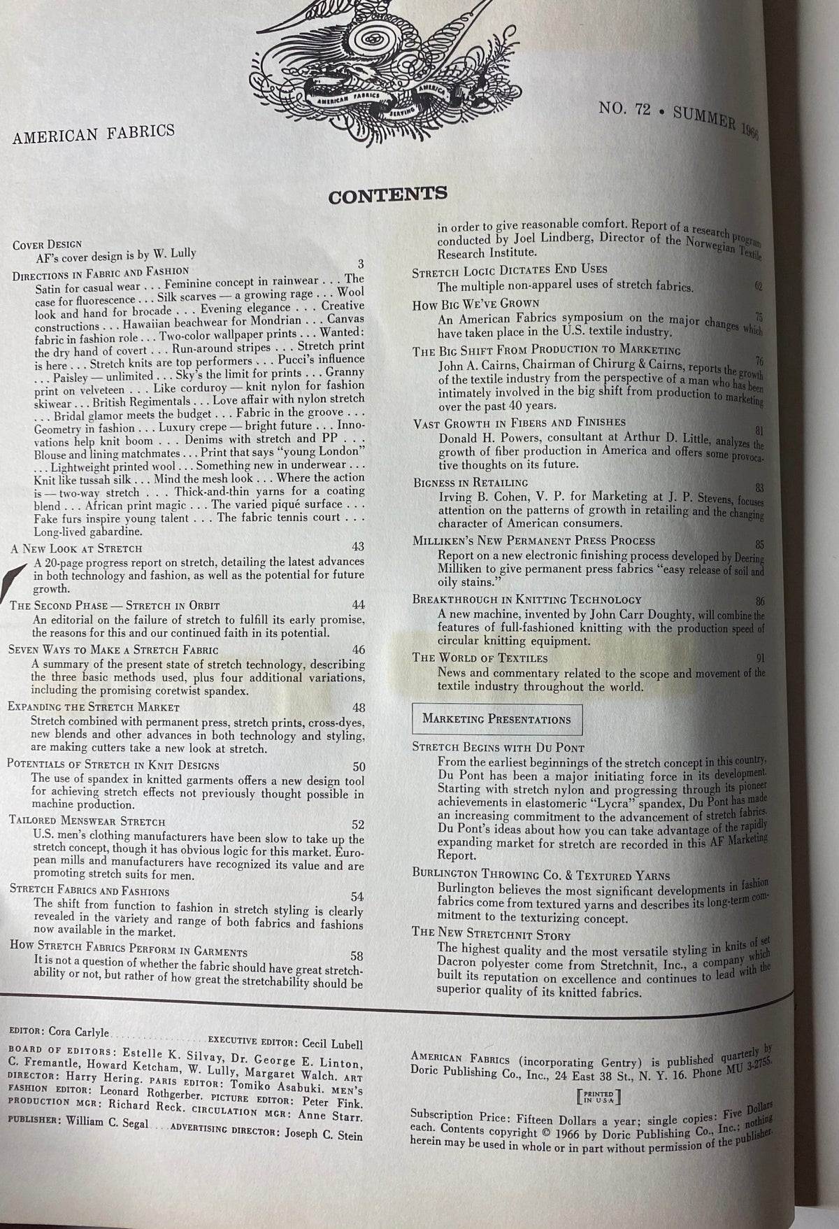 Table of contents page from the 1966 American Fabrics No. 66 Summer Catalog, outlining various topics including fabric design, stretch fabric innovations, and industry commentary.