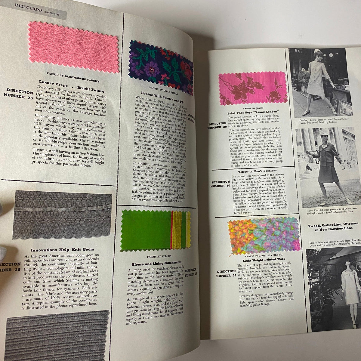 Interior page from the 1966 American Fabrics No. 66 Summer Catalog displaying textile samples and descriptions about various fabric styles for the summer season.