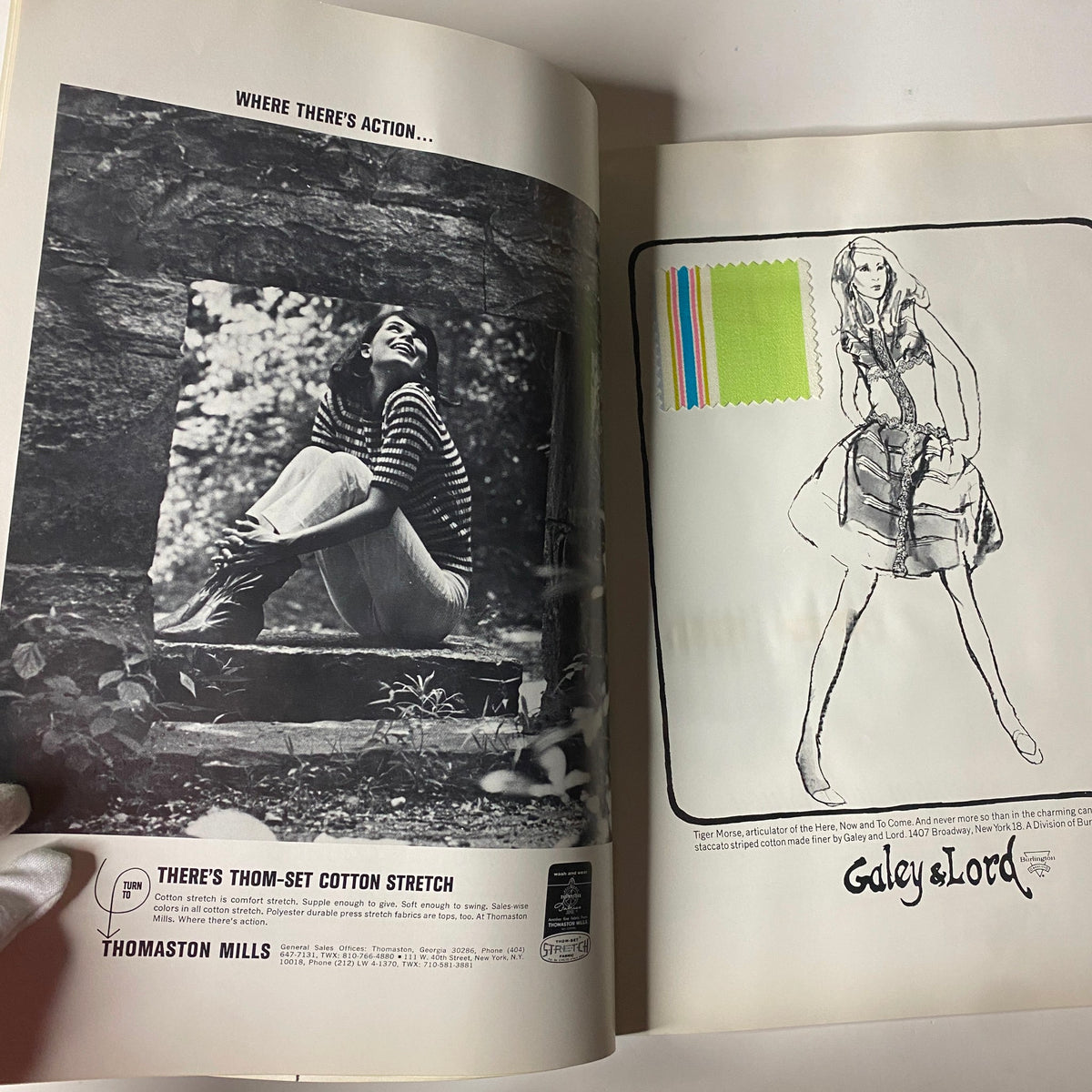 1966 American Fabrics No. 66 Summer Catalog image featuring a model in striped attire sitting in a natural outdoor setting, promoting Thomaston Mills' stretch cotton fabric.